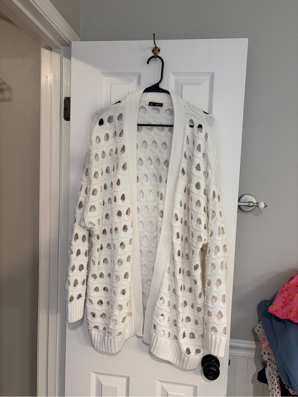 GAP Open Crochet Knit Cardigan L Tall Off White 100% Cotton Sweater